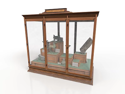 Wooden Display Cabinet With Glass Doors Showcasing Antique Sculptures Tools And Artifacts Inside 3d model