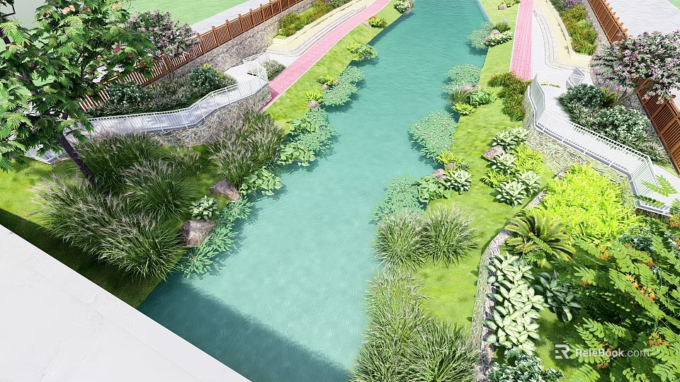 Garden Landscape Design With Water Channel Lush Green Plants Manicured Lawn And Red Path 3d model 