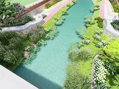 Garden Landscape Design With Water Channel Lush Green Plants Manicured Lawn And Red Path 3d model