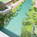 Garden Landscape Design With Water Channel Lush Green Plants Manicured Lawn And Red Path