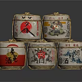 White Rope Wrapped Japanese Sake Bottles With Traditional Patterns And Characters On Dark Reflective Background