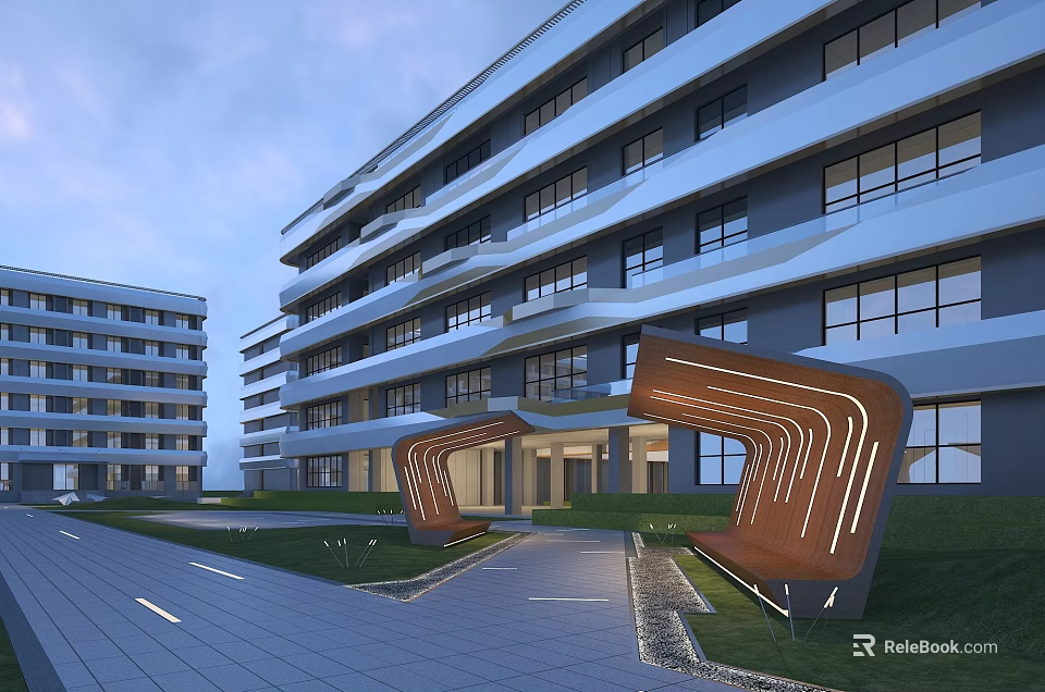 Modern School Building Exterior With Glass Facade Arched Entrance And Green Lawn Pathway 3d model 