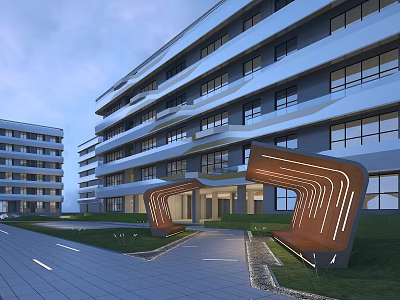 Modern School Building Exterior With Glass Facade Arched Entrance And Green Lawn Pathway 3d model