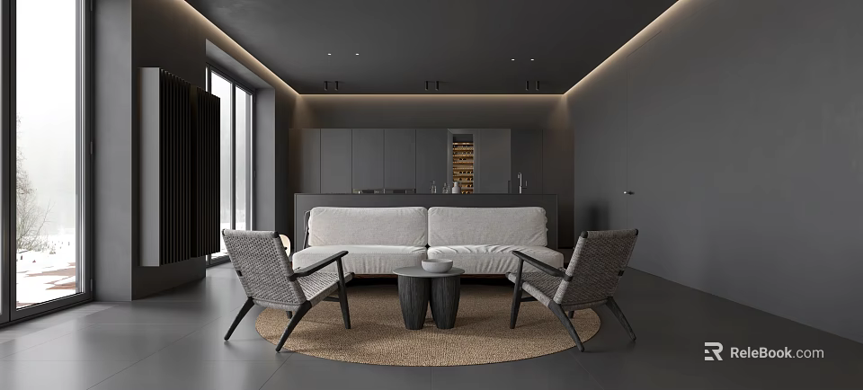 Modern Gray Living Room Interior With Sofa Chairs Round Rug Recessed Lighting And Open Kitchen 3d model 
