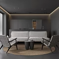 Modern Gray Living Room Interior With Sofa Chairs Round Rug Recessed Lighting And Open Kitchen