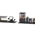 Commercial Equipment Setup Featuring Beverage Cooler Coffee Machine Display Case and Cash Register
