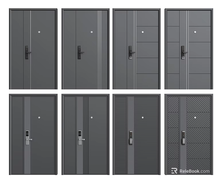 Modern Gray Security Doors Featuring Various Panel Designs And Handle Styles 3d model