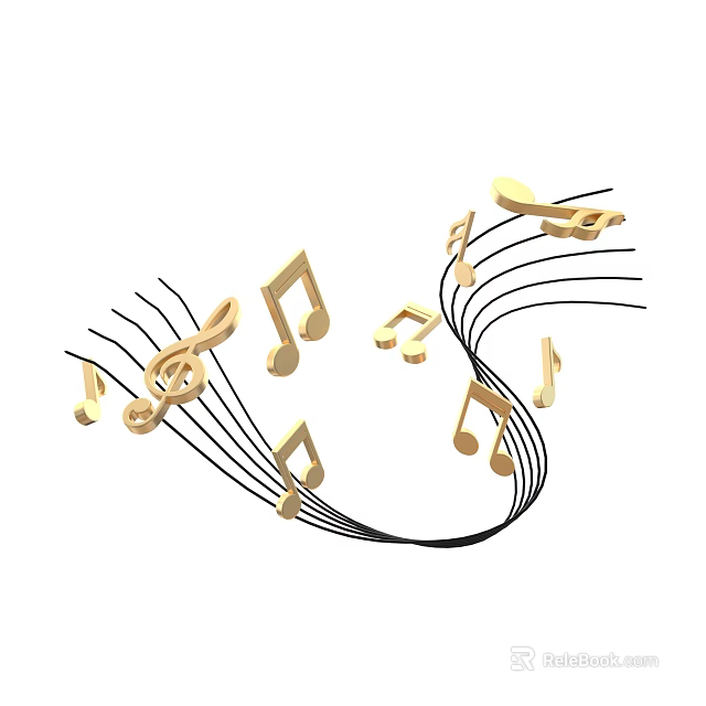 Golden Musical Notes And Black Curved Lines Artistic Decorative Design Elements 3d model 