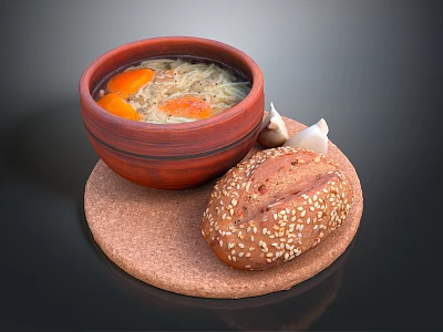 Hearty Soup With Carrots Noodles And Sesame Bread On Cork Mat With Garlic 3d model