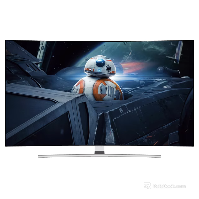 Stunning Curved TV Displaying BB8 Robot And Spacecraft In Starry Space Scene 3d model 