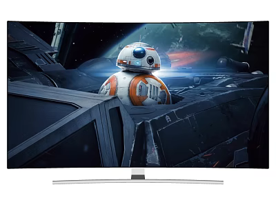 Stunning Curved TV Displaying BB8 Robot And Spacecraft In Starry Space Scene 3d model