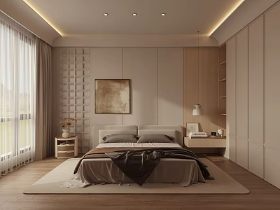 Modern Light Colored Bedroom With Wooden Wardrobe Large Window And Decorative Painting 3d model