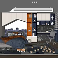 Kids Room With Blue Bedding Orange Blanket Study Desk White Chair Shelves Toys On Carpet