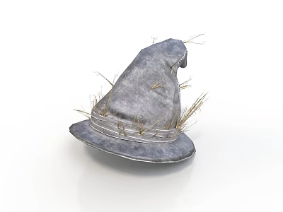 Worn Gray Wizard Hat With Straw Accents And Textured Fabric Design 3d model