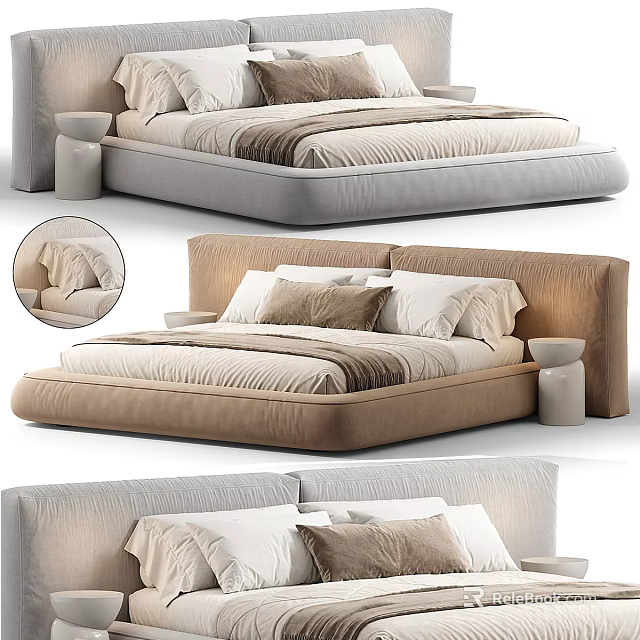 Modern Double Bed Design With Upholstered Headboard Neutral Tones Plush Mattress And Decorative Pillows 3d model 