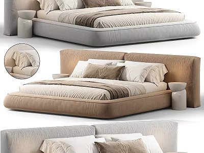 Modern Double Bed Design With Upholstered Headboard Neutral Tones Plush Mattress And Decorative Pillows 3d model