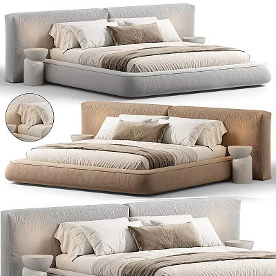 Modern Double Bed Design With Upholstered Headboard Neutral Tones Plush Mattress And Decorative Pillows 3d model