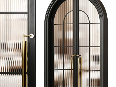 Arched Swing Door With Black Frame Glass Panels And Golden Handles 3d model