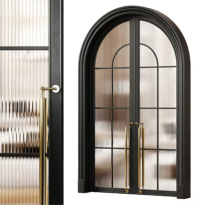 Arched Swing Door With Black Frame Glass Panels And Golden Handles 3d model