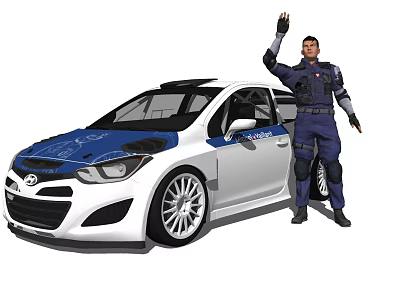 Man in Blue Uniform Waving Hand Next to White Hyundai Car 3d model