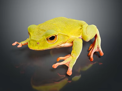 Green Yellow Frog With Large Eyes And Orange Toes On Dark Background With Reflection 3d model