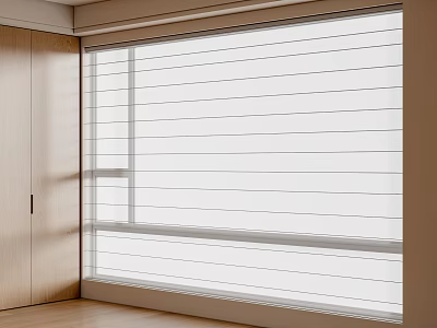 Modern Interior White Window Blinds With Light Filtering Fabric And Wooden Cabinet 3d model