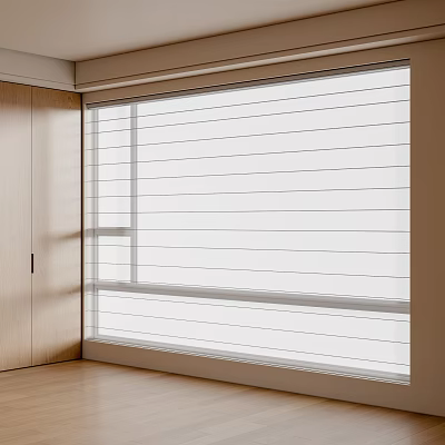 Modern Interior White Window Blinds With Light Filtering Fabric And Wooden Cabinet 3d model