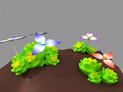 Cartoon Scene With Colorful Pinwheels And Green Plants On Brown Ground 3d model