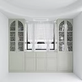 Modern Green Sideboard With Gold Accent Glass Doors Drawers And Window Blinds