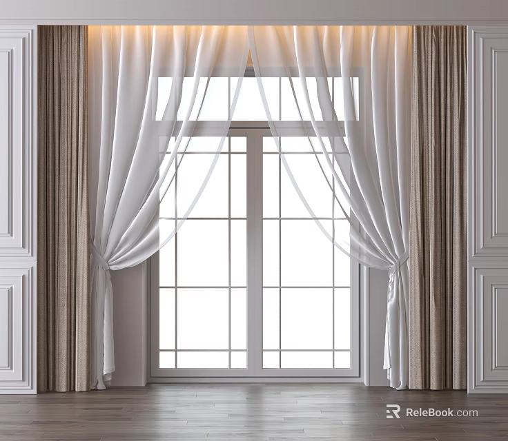 Stylish Double Layer Curtains Featuring White Sheer and Beige Panels for Large Window 3d model 