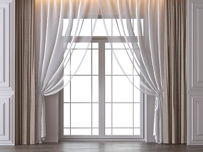 Stylish Double Layer Curtains Featuring White Sheer and Beige Panels for Large Window 3d model