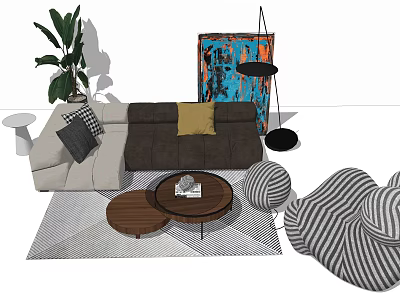 Sofa Coffee Table Set With Gray Brown Upholstery Yellow Checkered Pillows Floor Lamp Green Plant 3d model