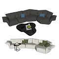 Dark Gray And Light Beige Sectional Sofa With Blue Green Cushions And Black Coffee Table