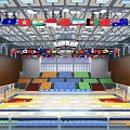 Spacious Basketball Gymnasium Interior With Skylights Colorful Seats Large Screen And Wooden Floor