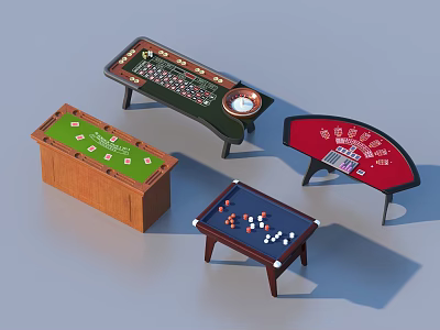 Various Recreational Game Tables With Green Felt Black Roulette Red Blackjack And Blue Dice Surfaces 3d model