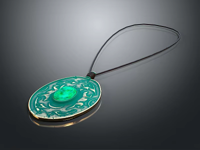 Green Oval Pendant with Central Gemstone and Intricate Pattern on Black Cord 3d model