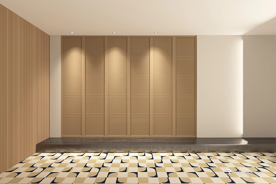 Modern Interior With Wooden Sliding Doors And Geometric Floor Pattern 3d model
