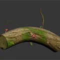 Natural Wooden Log Featuring Bark Texture Green Moss Red Mushrooms And Small Twigs