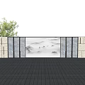 Traditional Chinese Scenic Wall With Landscape Painting And Green Trees In Paved Square