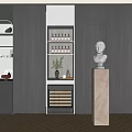 Modern Dark Wooden Sideboard with Open Shelves Coffee Maker Bottles Plant and Sculpture