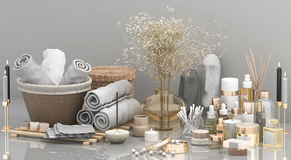 Bathroom Accessories with Rolled Towels Woven Baskets Aromatherapy Scented Candles and Decorative Vase 3d model 