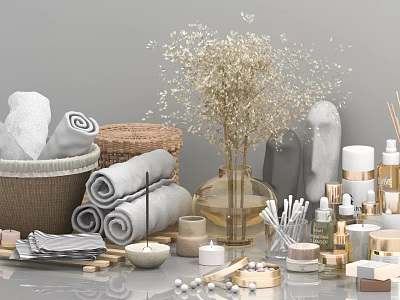 Bathroom Accessories with Rolled Towels Woven Baskets Aromatherapy Scented Candles and Decorative Vase 3d model