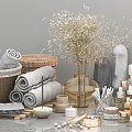 Bathroom Accessories with Rolled Towels Woven Baskets Aromatherapy Scented Candles and Decorative Vase