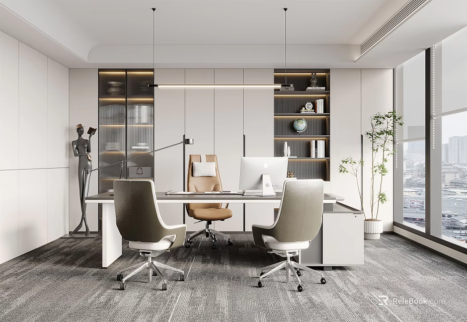 Modern Office Interior Design With Spacious Desk Comfortable Chairs And Large Windows 3d model