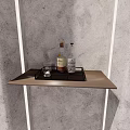 Wooden Storage Shelf Featuring Metal Tray Crystal Decanter Liquor Bottles and Wine Glasses