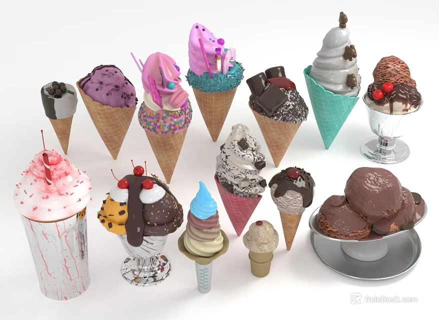 Assorted Ice Cream Cones Cups And Sundaes With Colorful Toppings And Flavors 3d model 