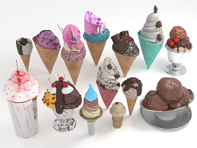 Assorted Ice Cream Cones Cups And Sundaes With Colorful Toppings And Flavors 3d model