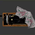 Vintage Sewing Machine Wooden Base Green Thread Spool White Embroidered Cloth with Pink Red Flowers