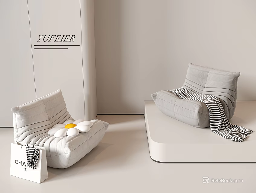 Comfortable Light Gray Bean Bag Chairs With Petal Shape And Striped Blanket For Living Room 3d model 