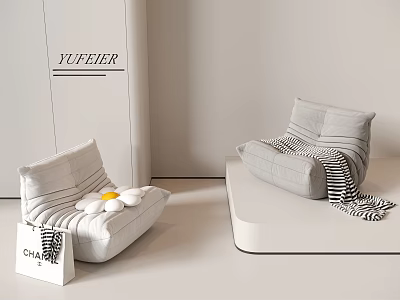 Comfortable Light Gray Bean Bag Chairs With Petal Shape And Striped Blanket For Living Room 3d model